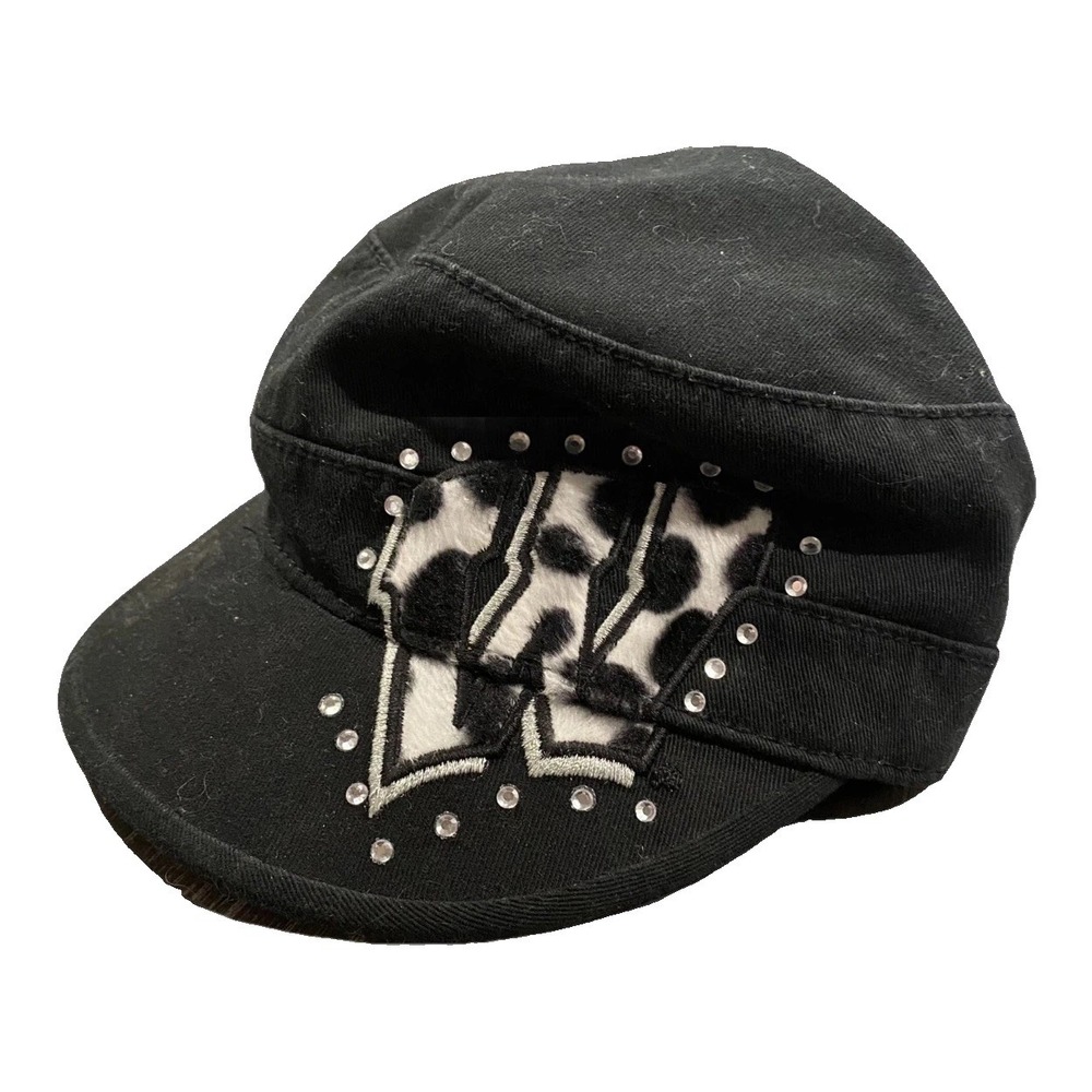 ❤ Womens Newsboy Train Hat WISCONSIN BADGERS University Black Bling Cow Painter